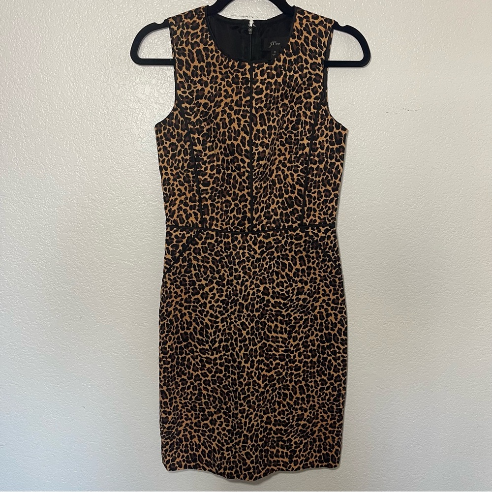 J. CREW | Cotton Cheetah Fitted Structured Lined Knee Length Zip Dress Size 0